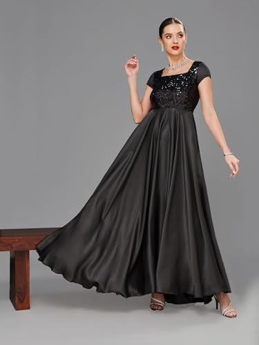 Image of Miss Chase Women's Round Neck Sleeve Embellished Fit Flare Maxi Dress