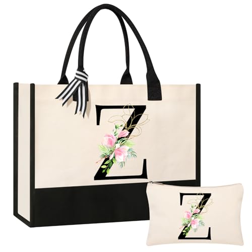 AYGE Bolsa de praia de lona com inicial personalizada, bolsa de cosméticos, bolsa de maquiagem, presentes para irmã, mãe, professora, dama de honra, Multi, One Size, Z