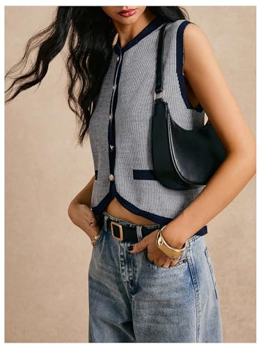 GORGLITTER Women's Striped Button Up Cropped Sweater Vest Sleeveless Knit Vest Tops 2025 Trendy Outfits2