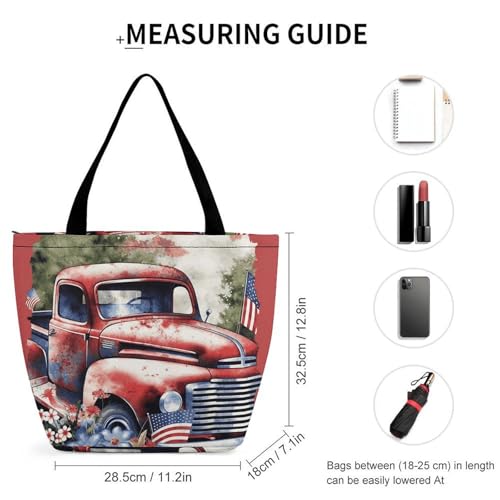 Women Tote Bags with Handles Patriotic Old Red Truck Shoulder Bag with Zipper Handbags Shopping Bags Travel Bag Beach Bag Reusable Grocery Bag for Swim Holiday Gift2