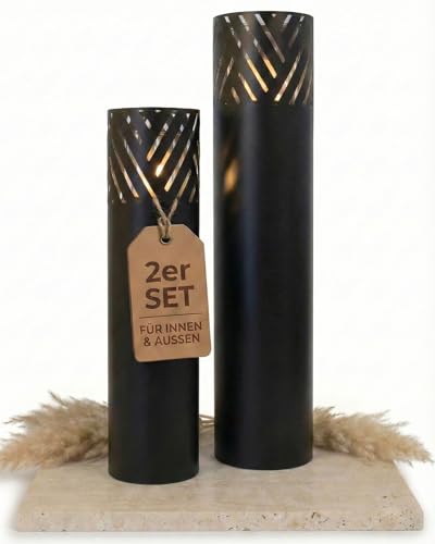 BENTSON Windlichtsäule Anthrazit Design I 2er Set I Deko-Säule für Garten im Industrial Design I Garten Windlicht für draußen und drinnen I Laterne inklusive Kerzen I Streifen I 95cm + 75cm