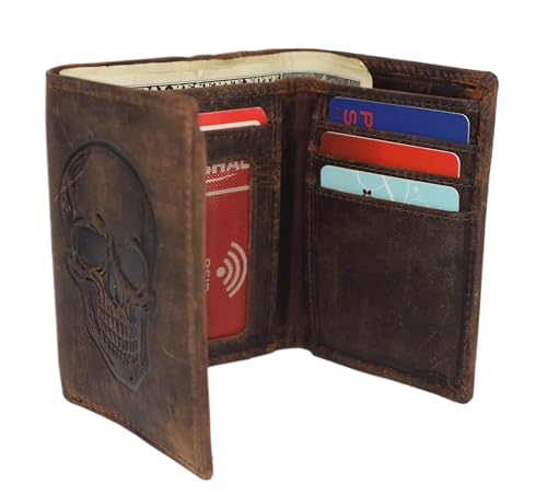 MARSHAL Men’s Genuine Leather Skull Wallet – Trifold RFID Blocking Biker Wallet with ID Window & Snap Closure (Brown No Chain)3