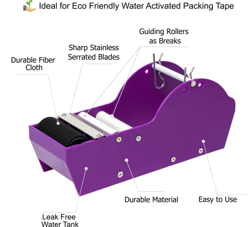 QShield Dispensador de Fita Adesiva de Mesa Ativado Por Água, Roxo, com Fita Adesiva de Papel Kraft