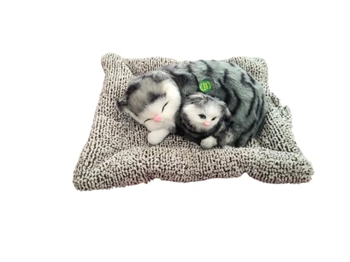 Image of Realistic Sleeping Cat Plush - Mother & Kitten Set, Soft Decorative Toy for Kids, Home & Car Decor, 25 x 20 cm (Grey Stripes)