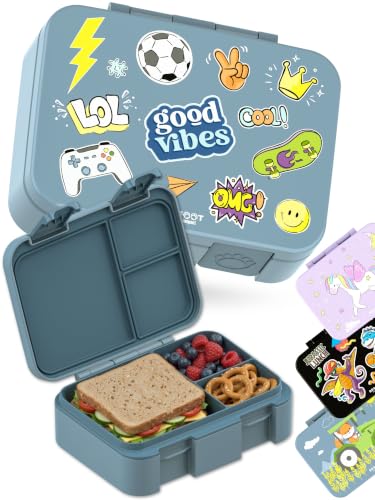 Image of Kids Lunch Box with Compartments - Compact & Lightweight | Leak-Proof, BPA-Free, Dishwasher Safe | Hand-Drawn Design for Preschool, School, Travel (Sticker Blue, 2.75 Cups) | BPA Free Leakproof Lunch Box with Compartments School & Nursery for Girls & Boys Lightweight & Compact