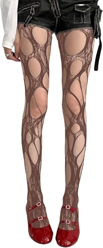 Image of Women's Ripped Fishnet Tights, Irregular Distressed Hole Mesh Stockings, Y2k Lace Sheer Pantyhose