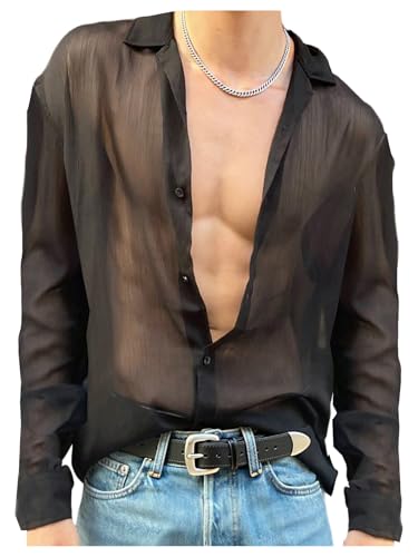 SHENHE Men's Mesh Sheer Long Sleeve Button Down Shirt See Through Party Rave Disco Shirt Top