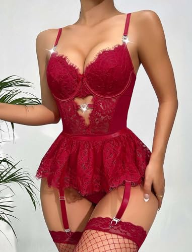 Image of Alrovetoney Women Lingerie Set Naughty Lace Bodysuit High Waisted Underwire Lingerie Babydoll With Garter Belt and Stockings