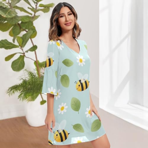 Robe décontractée rayée fluide imprimé fleurs abeilles manches 3/4 col rond