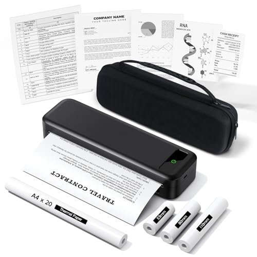 Imprimante Thermique Portable A4 sans Encre Mobile Bluetooth avec iOS et Android, Équipé d'une Mallette et de 4 Rouleaux de Papier Thermique, Convient pour...