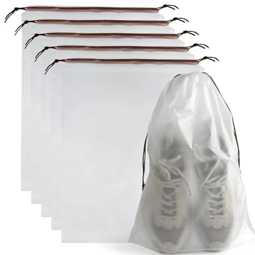 Confezione da 5 borse per scarpe da viaggio da 40 x 30 cm, trasparenti, impermeabili, per imballaggio, grandi borse con coulisse, essenziali da viaggio, per uomini e donne, Marrone, Semplicità