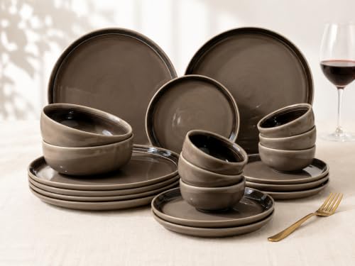 Image of Bodhi House Handcrafted Chip Resistance Porcelain Solid Dinner Set, 20 Pieces Dish Set Serving for 6, Microwave and Dishwasher Safe, Bone-Ash Free, Crockery Set for Dining and Gifting, Smoke Grey