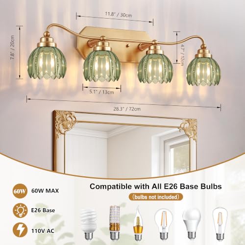 Image of Vintage Gold Vanity Lights, 4 Light Tulip Crystal, Antique Brass Finish | Brushed Gold Bathroom Light Fixtures, Green Wall Sconce Ideal for Bedroom, Living Room, E26 Compatible, Easy Install