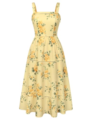 Belle Poque Tiered Dress Women Square Neck Vintage Midi Spring Summer Tea Garden Party Sun Dresses Yellow Floral M