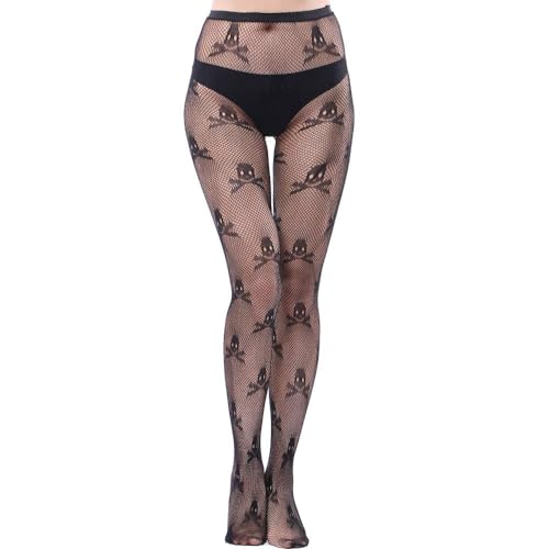 DRESHOW Fishnet Stockings for Women Black High Waist Tights Web Fishnet Goth Tights Patterned Thigh High Halloween Stockings
