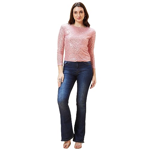 Image of Globus Women Pink Sequinned Stripes Embellished Boat Neck Party Top-3639518001