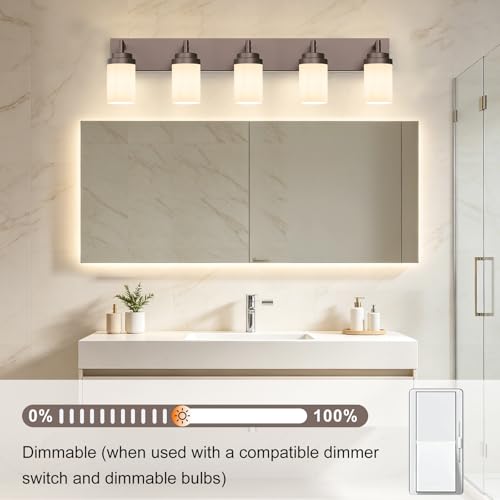 Image of Bathroom Light Fixtures, Oil Rubbed Bronze Bathroom Lighting Fixtures Over Mirror, Modern Vanity Light with White Glass Shade, Restroom Lighting Fixtures, 5-Light 36-inch