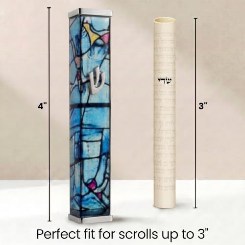 Image of SURI Mezuzah with Scroll for Door | 4 Inch Modern Aluminum Mezuzah Case | Fits 3 Inch Scroll | Gold & Silver Chagall-Inspired Design | Self Adhesive Easy Install | Judaica Jewish Gift