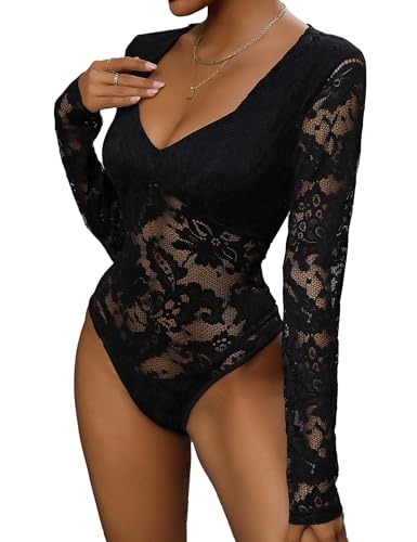 Everbellus Sexy Manga Larga Body para Mujer, Encaje Profunda Cuello en V Bodysuit Tops Ropa de Club Nocturno para Citas Negro Small