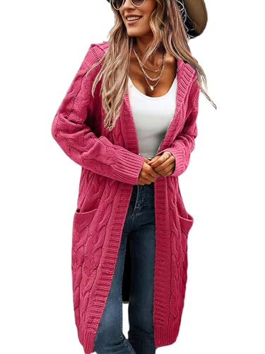 XINWEIZZ Women's Hooded Open Front Long Cardigan Cable Knit Sweaters Side Pocket Oversized Chunky Cardigan Outwear Coat Rose Red