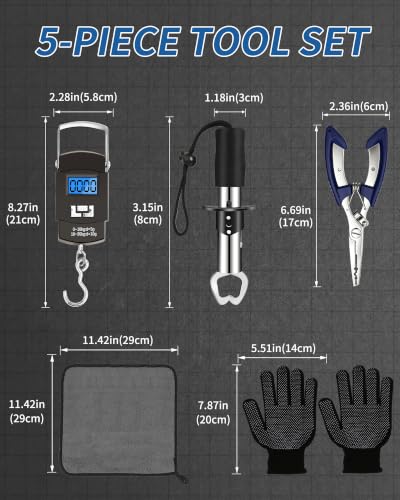 Image of Fishing Tool Kit - Fishing Pliers, Hook Remover, Fish Gripper，Fish Scale, Fish Knife, Saltwater Fishing Gear with Sharpeners, Best Gifts for Men