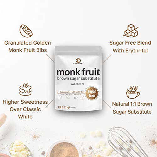 Golden Monk Fruit Sweetener, 3Lbs Granular | 1:1 Brown Sugar Substitute, No Aftertaste, Diet Keto Friendly, Vegetarian, Zero Net Carb, Non-Gmo, Baking, Taste Just Like Sugar #TOP3
