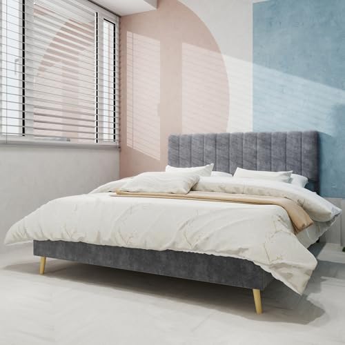 Generisch Marco de cama moderno con cabecero aterciopelado, 140 x 200 cm, color gris, estructura de madera de alta calidad, fácil montaje, diseño sin espacio de almacenamiento