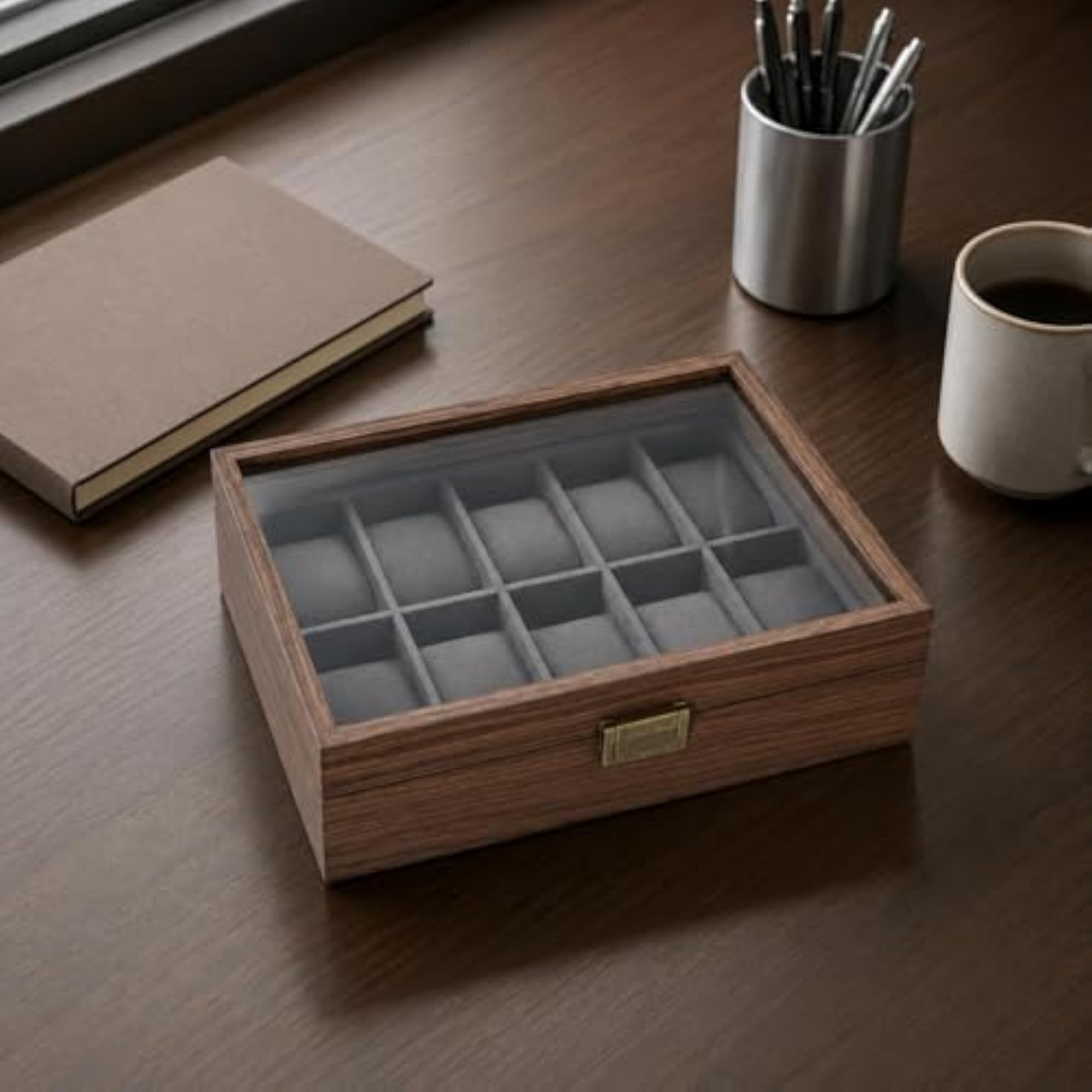 Compartmented Wooden Watch Box, Walnut Tone, 12 Slots