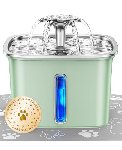 Image of Veken Innovation Award Winner Stainless Steel Cat Water Fountain, 95oz /2.8L Automatic Pet Fountain Dog Water Dispenser with Replacement Filters & Silicone Mat for Cats, Dogs, Multiple Pets (Tea Green)