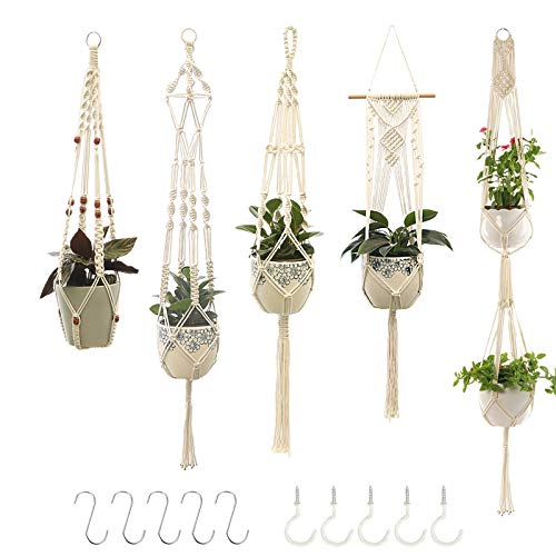 ZOVOTA JHome Makramee-Pflanzenhänger mit 5 Haken, mehrere Ebenen, handgefertigt, Baumwollseil, zum Aufhängen, Blumentopfhalter für drinnen und draußen, Boho-Heimdekoration Cover