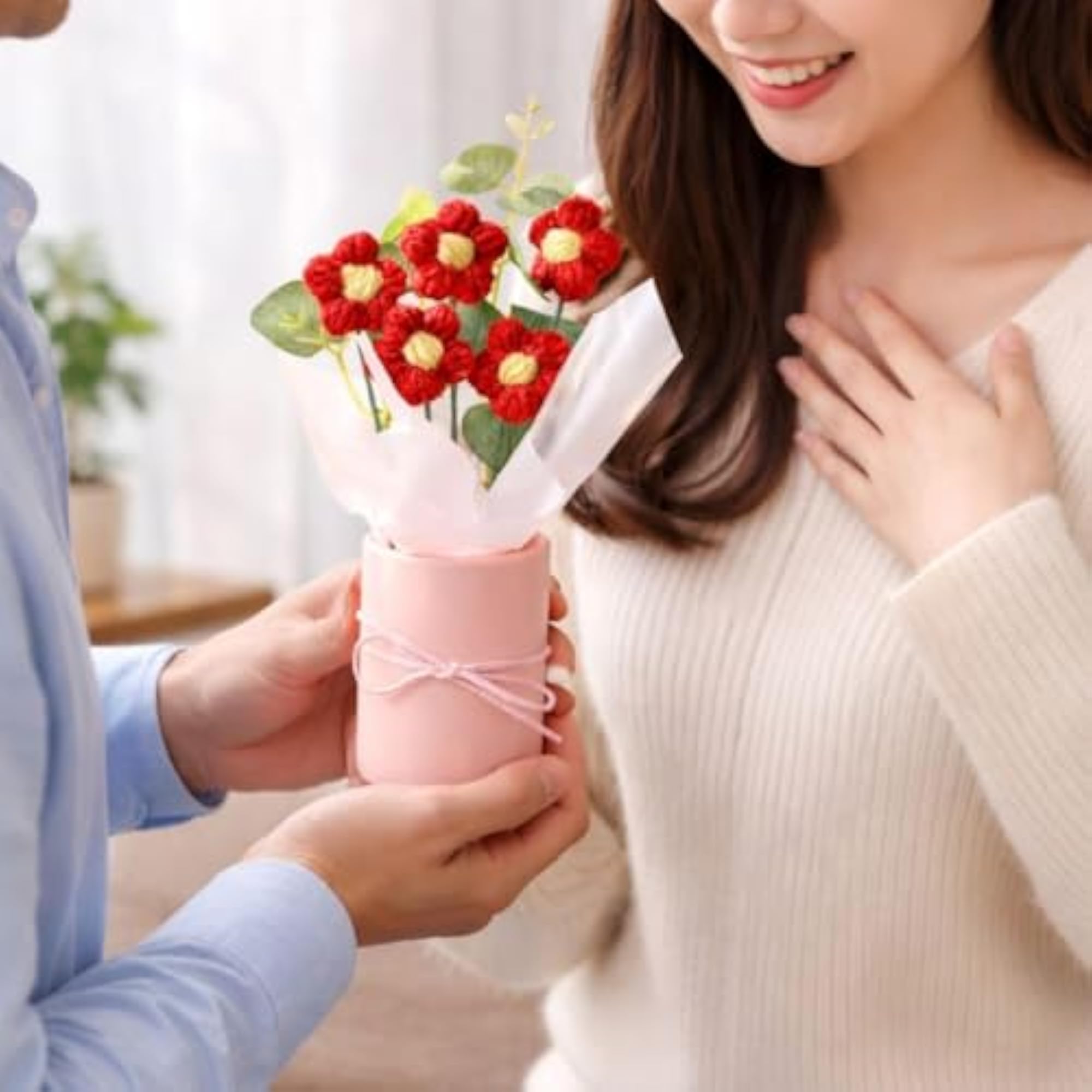 Handmade Crochet Flower Bouquet in Pink Gift Box