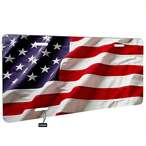 Lefolen American Flag Wind Waving Front License Plate Aluminum Novelty Grunge Usa Flag Nation Banner Patriot Stars Metal Vanity Tags 6" X 12" For Men Woman,4 Mounting Holes #TOP1