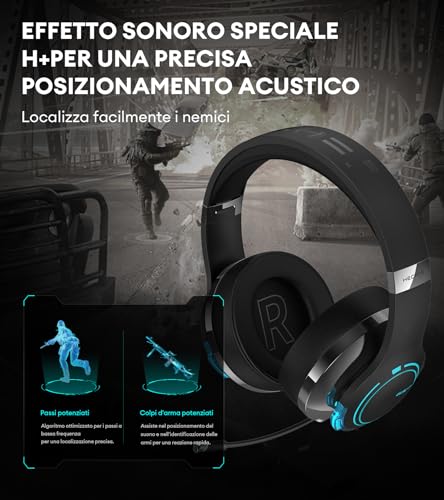 HECATE G5BT Cuffie Gaming Over Ear con Mic, Cancellazione del Rumore, RGB Luce, H+ Effetti Sonori, Hi-Res Audio, Bluetooth e Cavo Audio 3,5mm per PC PS4 PS5 Cellulari Switch (Nero) - Mouse gaming - Immagine 3