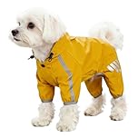 Small Dog Raincoat Waterproof, Adjustable Hooded 4 Legs Full Body Dog Rain Coat, Lightweight Puppy Rain Jacket with Harness Hole Reflective Strap for Small Dogs Pomeranian Chihuahua Maltese, Yellow-S