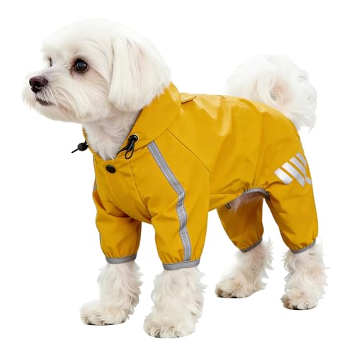 Small Dog Raincoat Waterproof, Adjustable Hooded 4 Legs Full Body Dog Rain Coat, Lightweight Puppy Rain Jacket with Harness Hole Reflective Strap for Small Dogs Pomeranian Chihuahua Maltese, Yellow-S