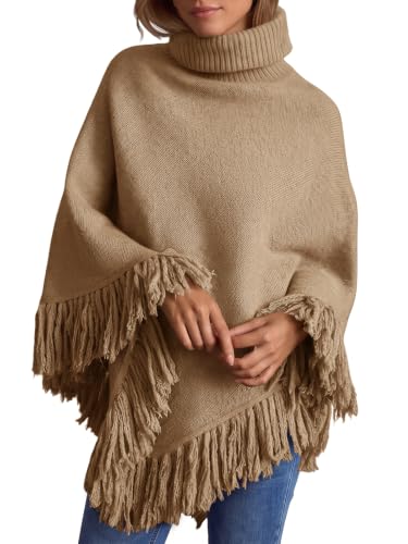 Saodimallsu Womens Fringe Turtleneck Poncho Sweater Wraps Cape Shawl Tops