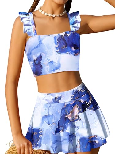 Image of Arshiner Girls Swimsuit 3 Piece Bathing Suits Cute Bikini Tankini Sets Teen Ruffle Swimwear with Cover Up Skirt