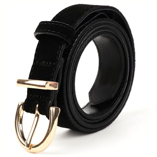 Womens Genuine Leather Belt for Casual Waist Belt Black Leather with Gold Buckle Fashion Ladies Belts for Jeans Pants Dress