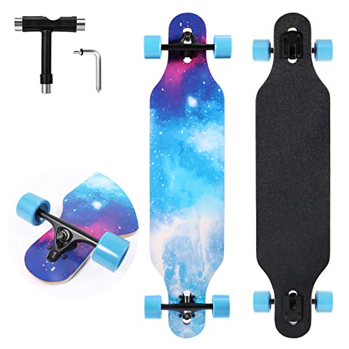 TLHB Longboard Skateboard, 41 Inch Drop Through Longboard Complete 9-Ply Nature Maple Premium Cruiser Long Board for Adults, Teens and Kids - High-Speed Bearings & T-Tool-Starry Sky