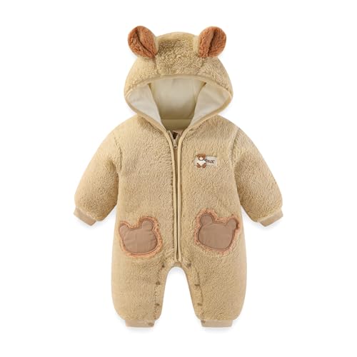 JiAmy Baby Fleece Snowsuit Newborn Hooded Winter Outfits Infant Boys Girls Hooded Zipper Jumpsuit Romper Brown 9-12 Months