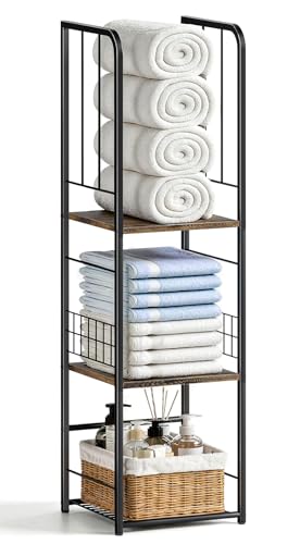 KIMBORA Narrow Towel Storage for Bathroom 3-Tier Free Standing Bathroom Towel Rack Organizer with Shelf for Small Bath Pool Brown