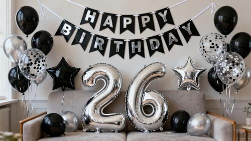 26th Birthday Decorations for, Sliver Black Number 26 Star Foil Balloons Metallic Silver Latex Confetti Birthday Balloons for Men Him 26 Year Old Supplies(26th)