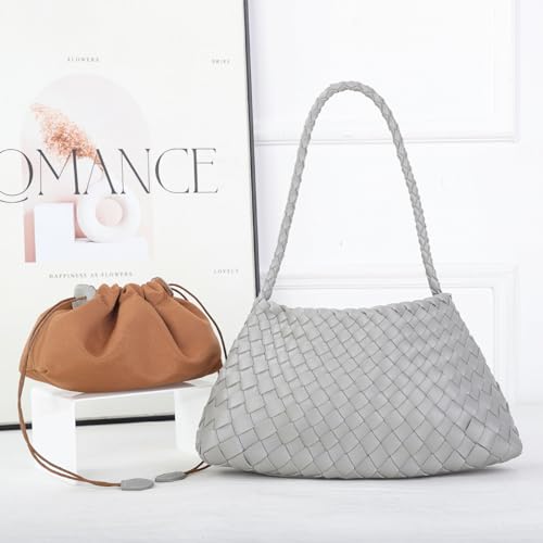 Rejolly Basket Woven Bag for Women Leather Shoulder Handbag Summer Vacation Chic Beach Tote Purse with Drawstring Pouch2