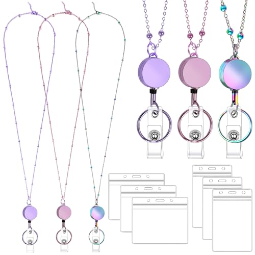3 Pack Badge Lanyards with Retractable Reels and 6 Id Holders