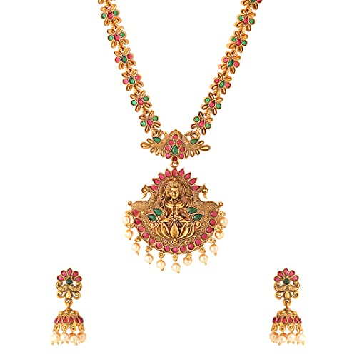 Yellow Chimes matte gold-tone temple jewellery necklace set with Lakshmi design