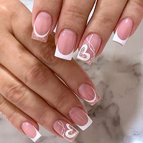 Glitters French Tip Press On Nails Medium Short Square Fake Nails With Sparkling Heart Design Glossy Glue On Nails White Nail Tips Full Cover False Nails Artificial Acrylic Nails For Women Girls 24Pcs #TOP18