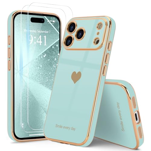 Teageo for iPhone 17 Pro Max Case with Screen Protector [2 Pack] Girl Women Cute Girly Love-Heart Luxury Gold Soft Cover Camera Protection Shockproof Phone Case for iPhone 17 Pro Max, Pearl Aqua by Teageo - Image 6