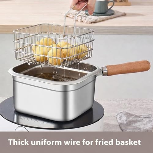 Image of Stainless Steel Deep Fryer Pot with Basket Wooden Handle Small Oil Frying Pan for French Fries Chicken Fish Shrimp Induction Gas Compatible Kitchen Fry Pot with Strainer Basket