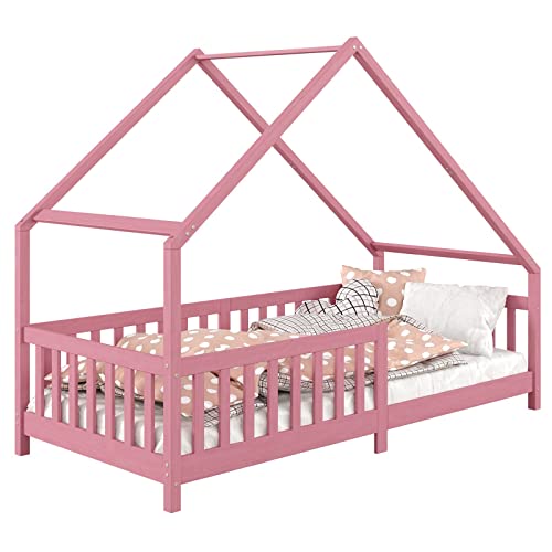 Cama Montessoriana Madeira Maciça Casa com Estrado Cora (Rosa)