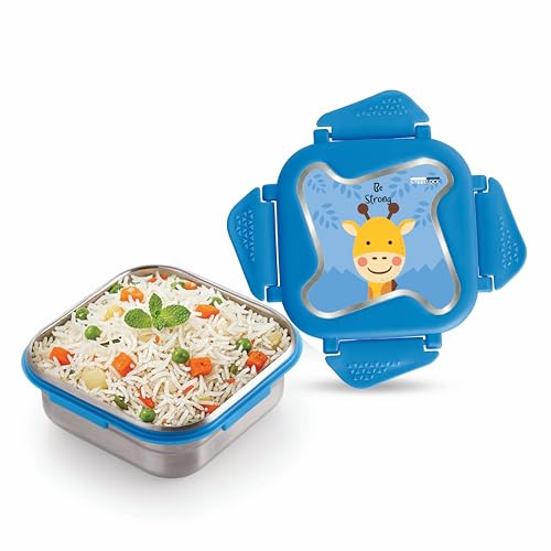 Image of STEELLOCK Smart Kids Stainless Steel Lunch Box, Leakproof & Airtight Tiffin Box for School Boys & Girls, BPA Free Food Grade with 4-Side Clip Lock | 360 ML | Blue, 3D /UV Print Giraffe